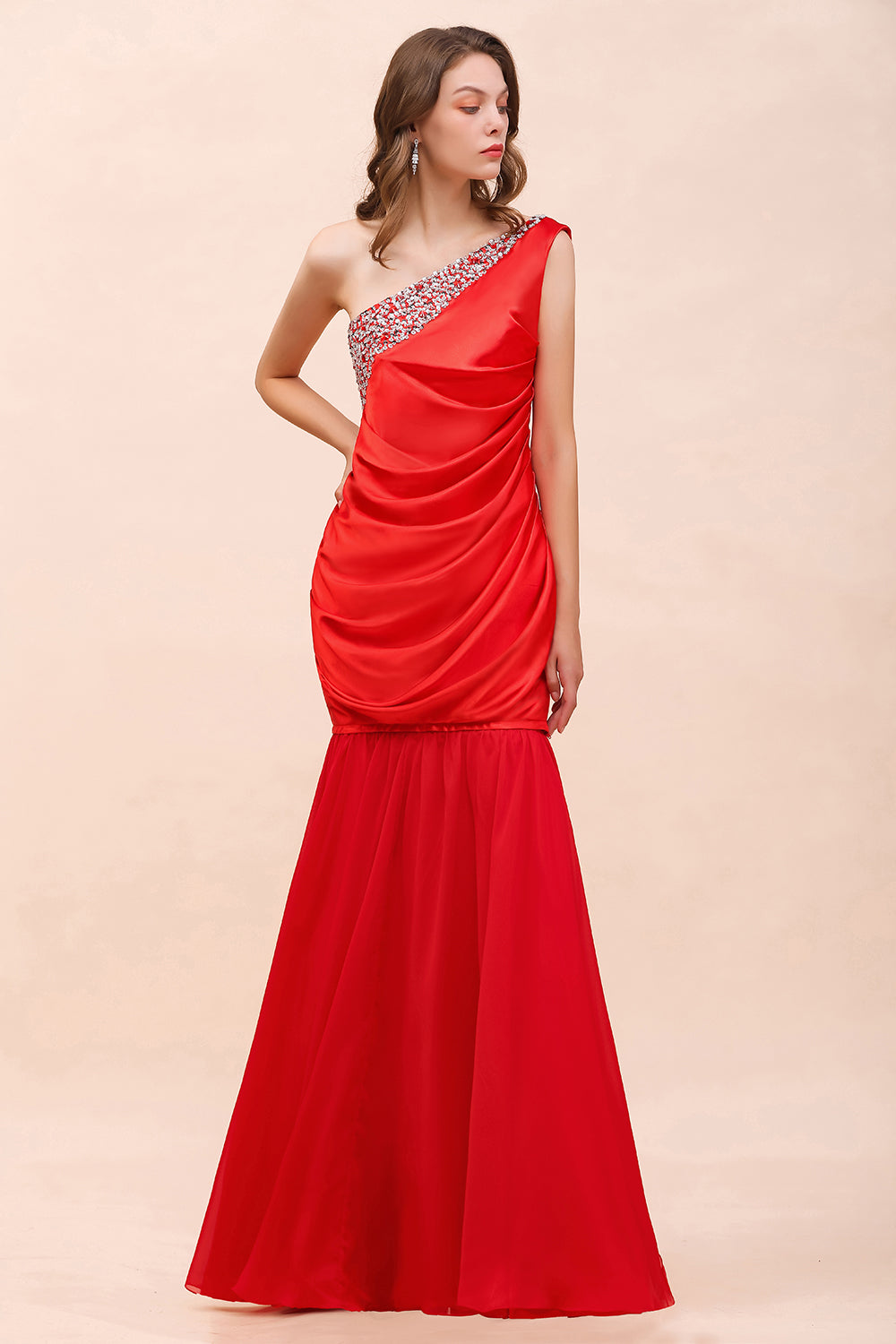 Chic One Shoulder Beading Ruffle Red Bridesmaid Dresses with Detachable Skirt - Fashionpara