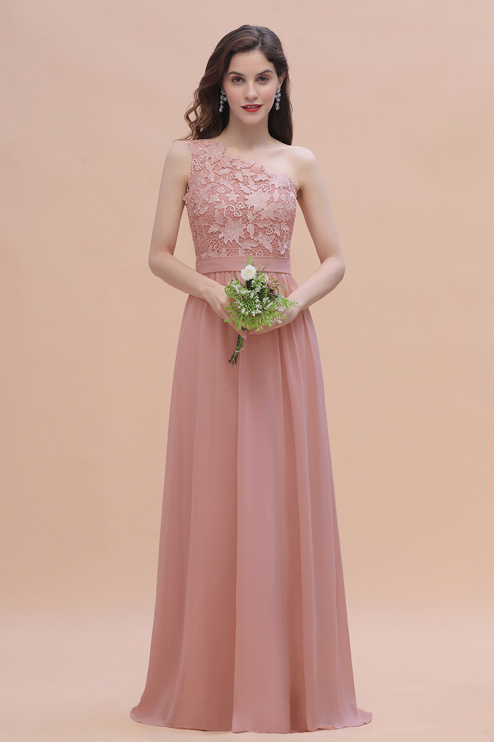 Chic One Shoulder Chiffon Lace Vintage Mauve Bridesmaid Dresses On Sale - Fashionpara