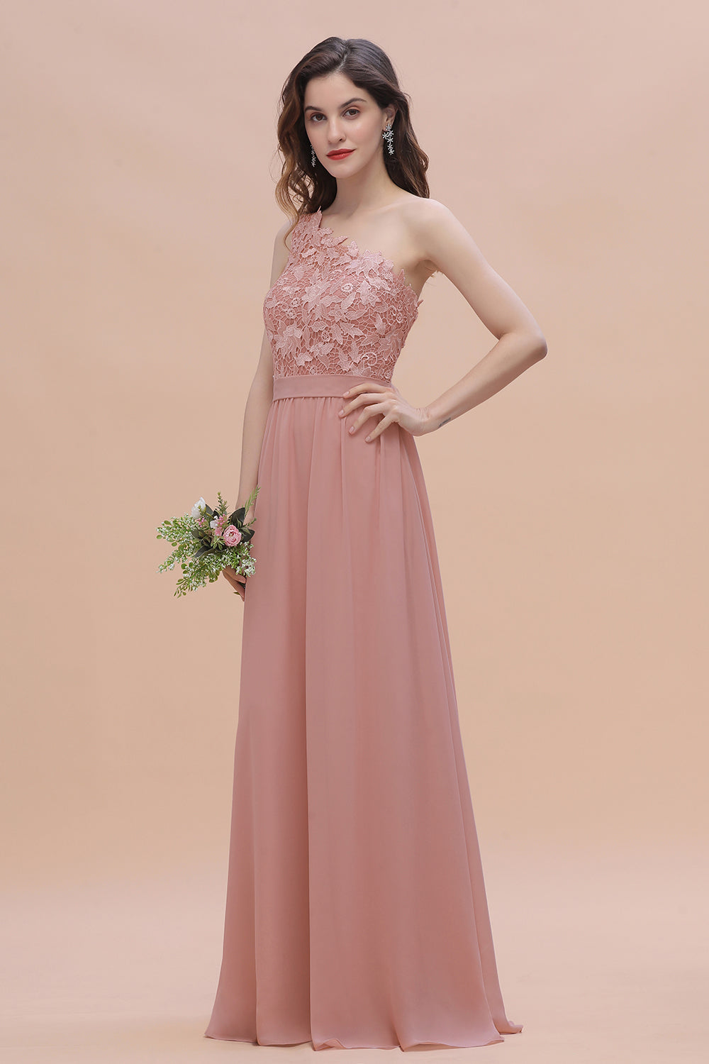 Chic One Shoulder Chiffon Lace Vintage Mauve Bridesmaid Dresses On Sale - Fashionpara