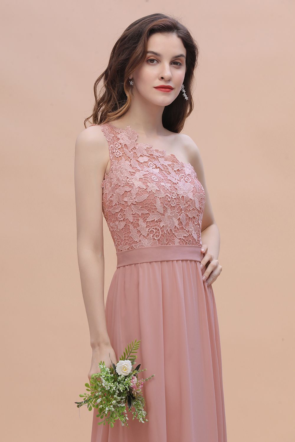 Chic One Shoulder Chiffon Lace Vintage Mauve Bridesmaid Dresses On Sale - Fashionpara