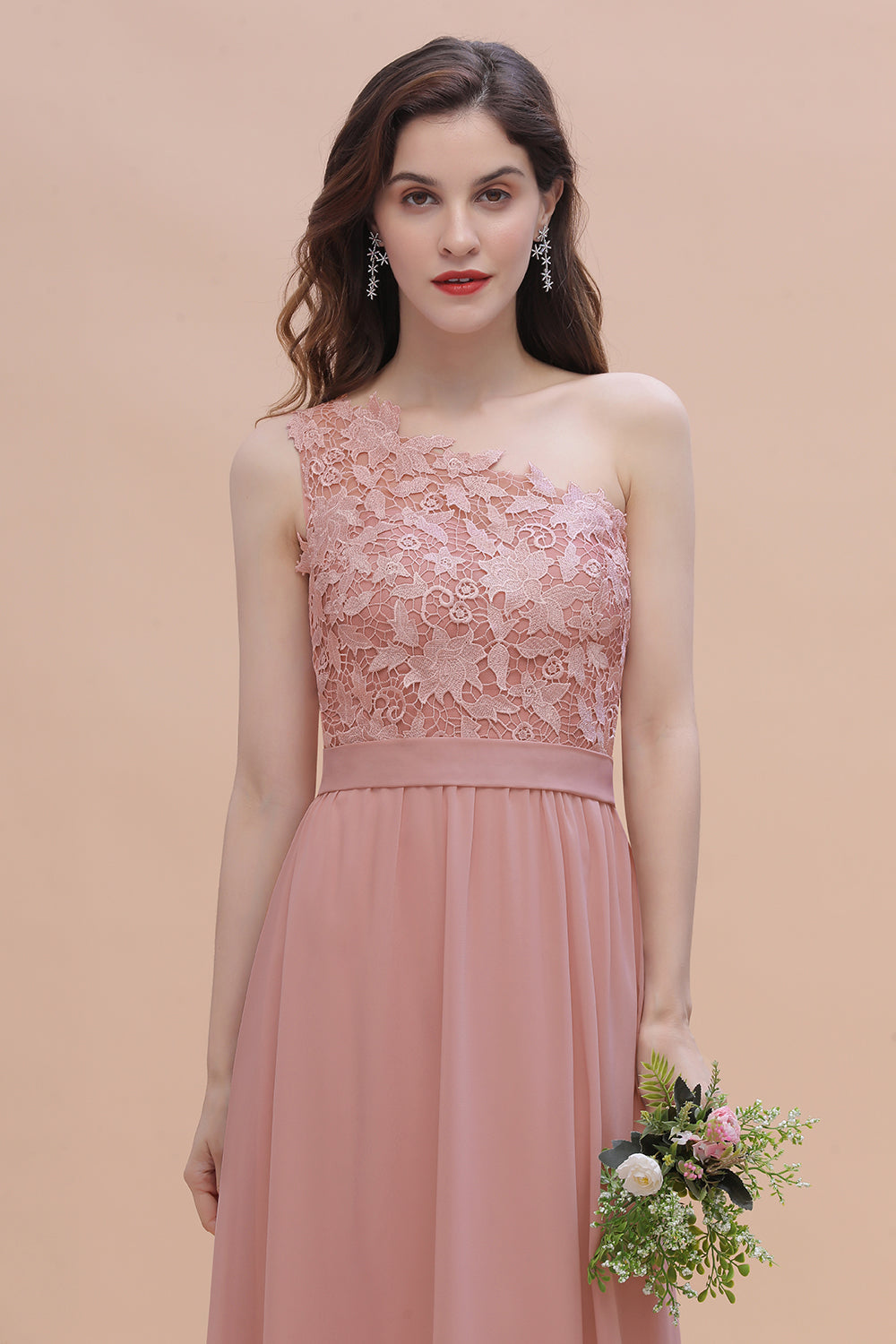 Chic One Shoulder Chiffon Lace Vintage Mauve Bridesmaid Dresses On Sale - Fashionpara
