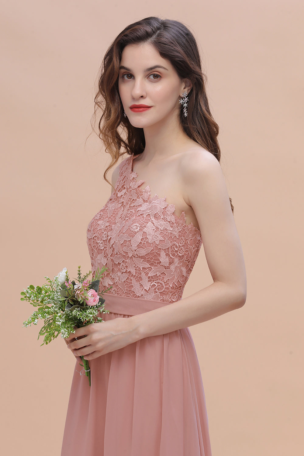 Chic One Shoulder Chiffon Lace Vintage Mauve Bridesmaid Dresses On Sale - Fashionpara
