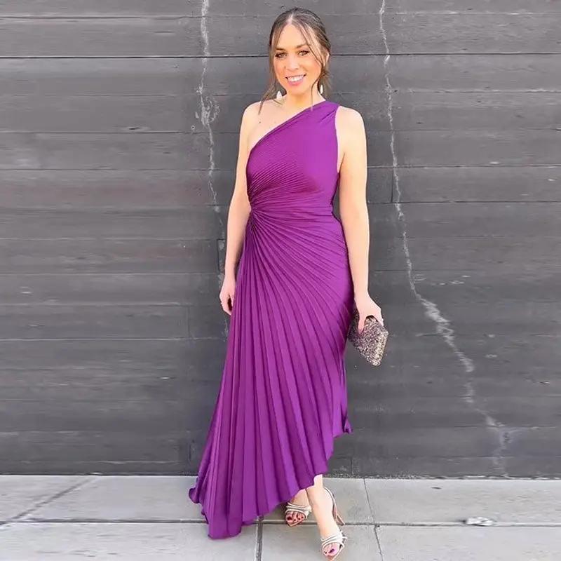 Chic One Shoulder Drawstring Cutout Waist Asymmetrical Pleated Dress - Fuchsia  Fashionpara