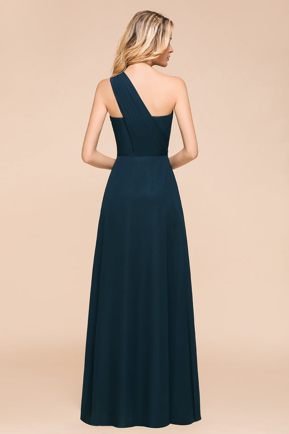 Chic One Shoulder Navy Chiffon Bridesmaid dresses with Ruffle - Fashionpara