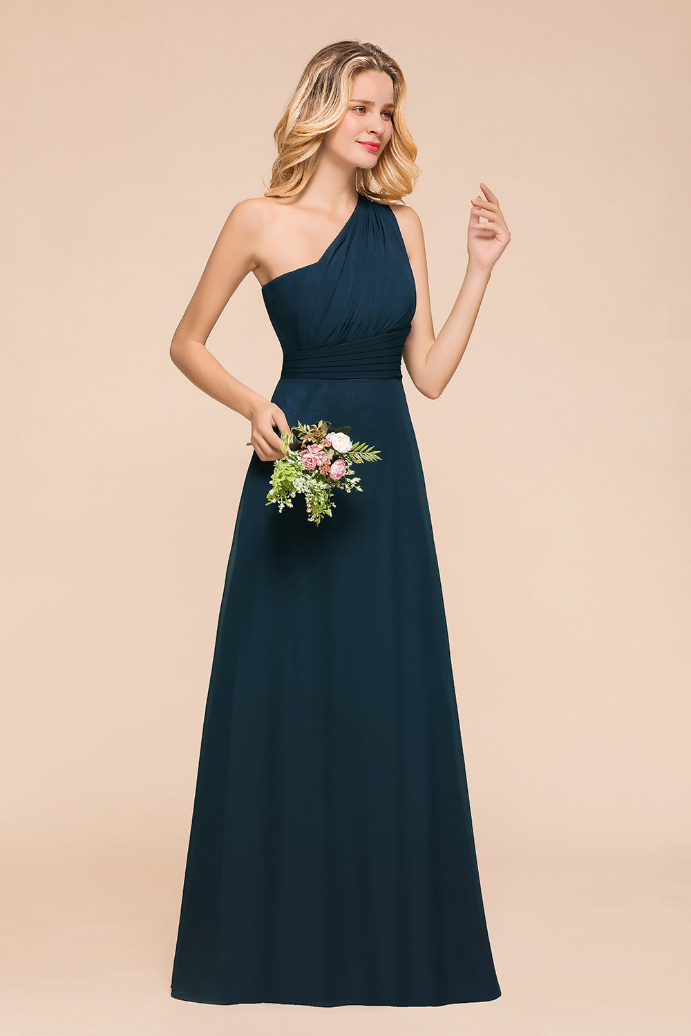 Chic One Shoulder Navy Chiffon Bridesmaid dresses with Ruffle - Fashionpara