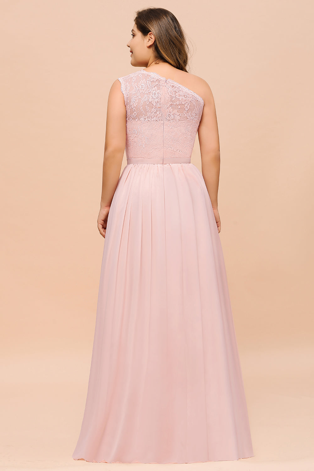 Chic One-Shoulder Pink Lace Bridesmaid dresses with Slit - Fashionpara