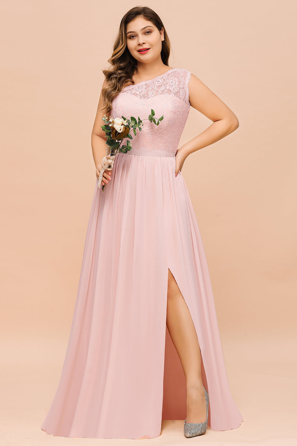 Chic One-Shoulder Pink Lace Bridesmaid dresses with Slit - Fashionpara