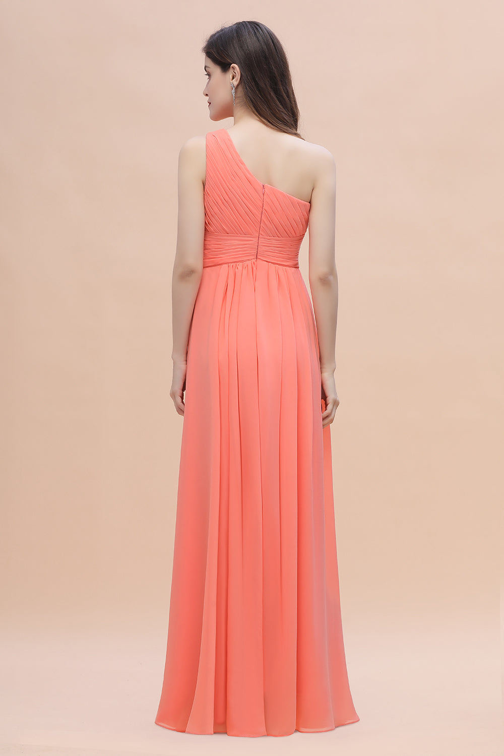 Chic One-Shoulder Ruffles Chiffon Coral Bridesmaid dresses On Sale - Fashionpara