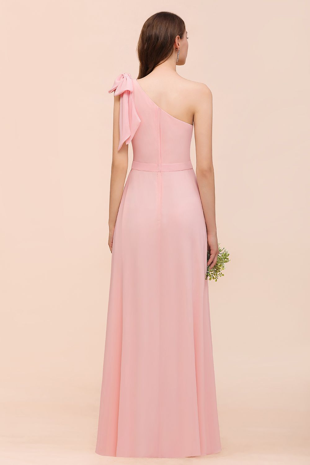 Chic One Shoulder Sleeveless Pink Chiffon Bridesmaid Dresses with Bow - Fashionpara