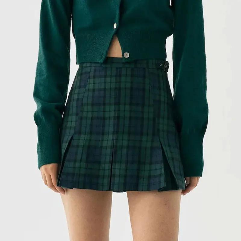 Chic Plaid Print High Waist Buckle Pleated Mini Skirt - Emerald Green  Fashionpara