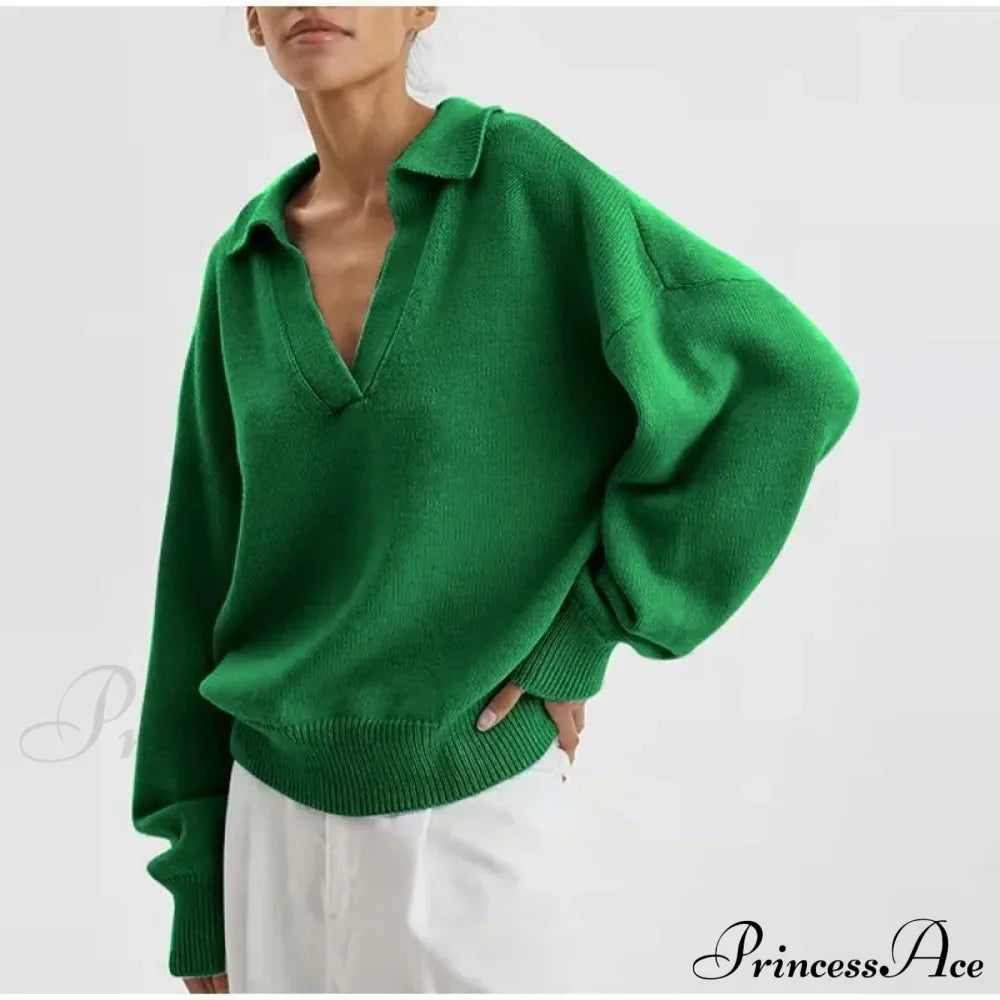 Chic Polo Collar Casual Oversized Solid Color Knitted Christmas Sweater Green / S Sweaters-L