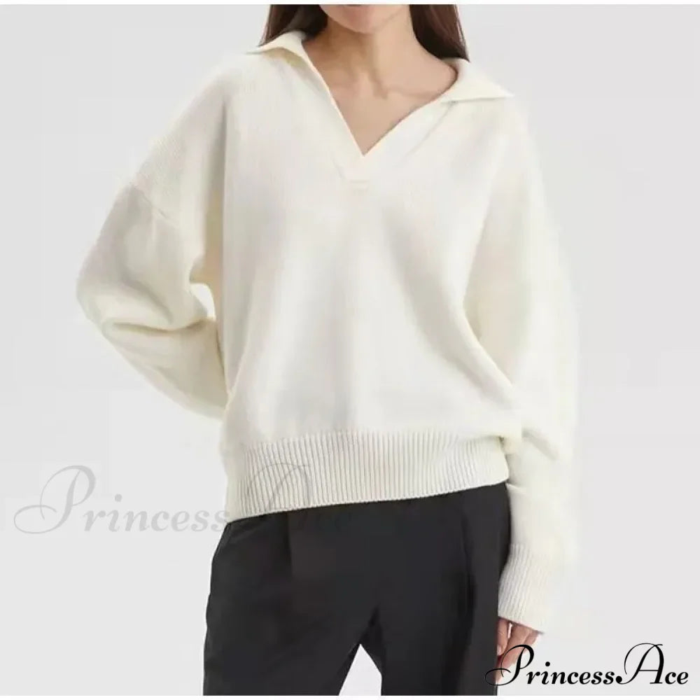 Chic Polo Collar Casual Oversized Solid Color Knitted Christmas Sweater Ivory / S Sweaters-L