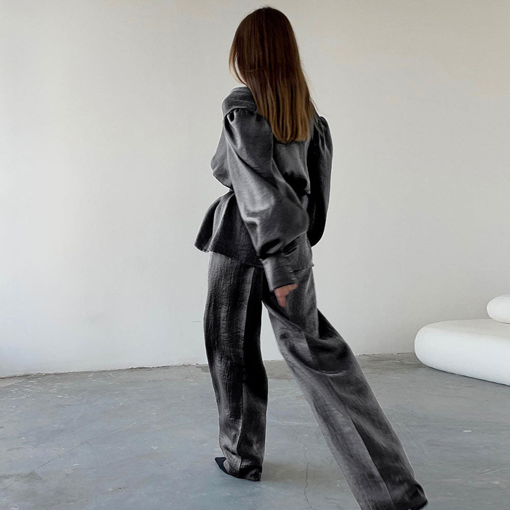 Puff Sleeve Wrap Blouse High Waist Wide Leg Pants Matching Set - Black