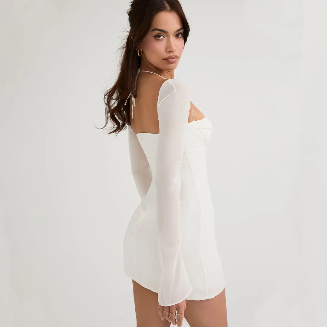 Chic Ruched Halter Neck Drawstring Long Sleeve Mini Dress - White  Fashionpara