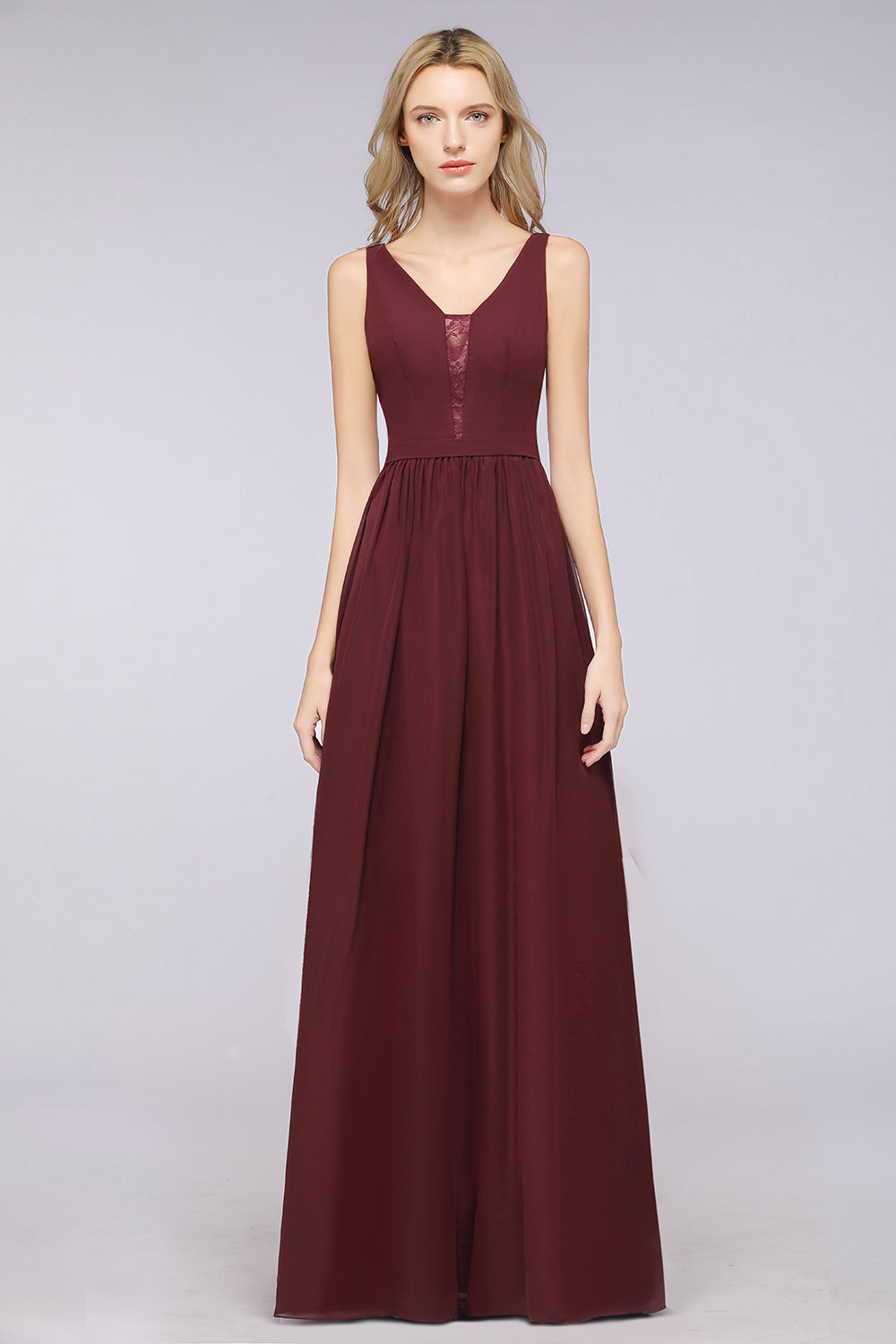Chic Ruffles Straps Chiffon Lace Burgundy Bridsmaid Dress - Fashionpara