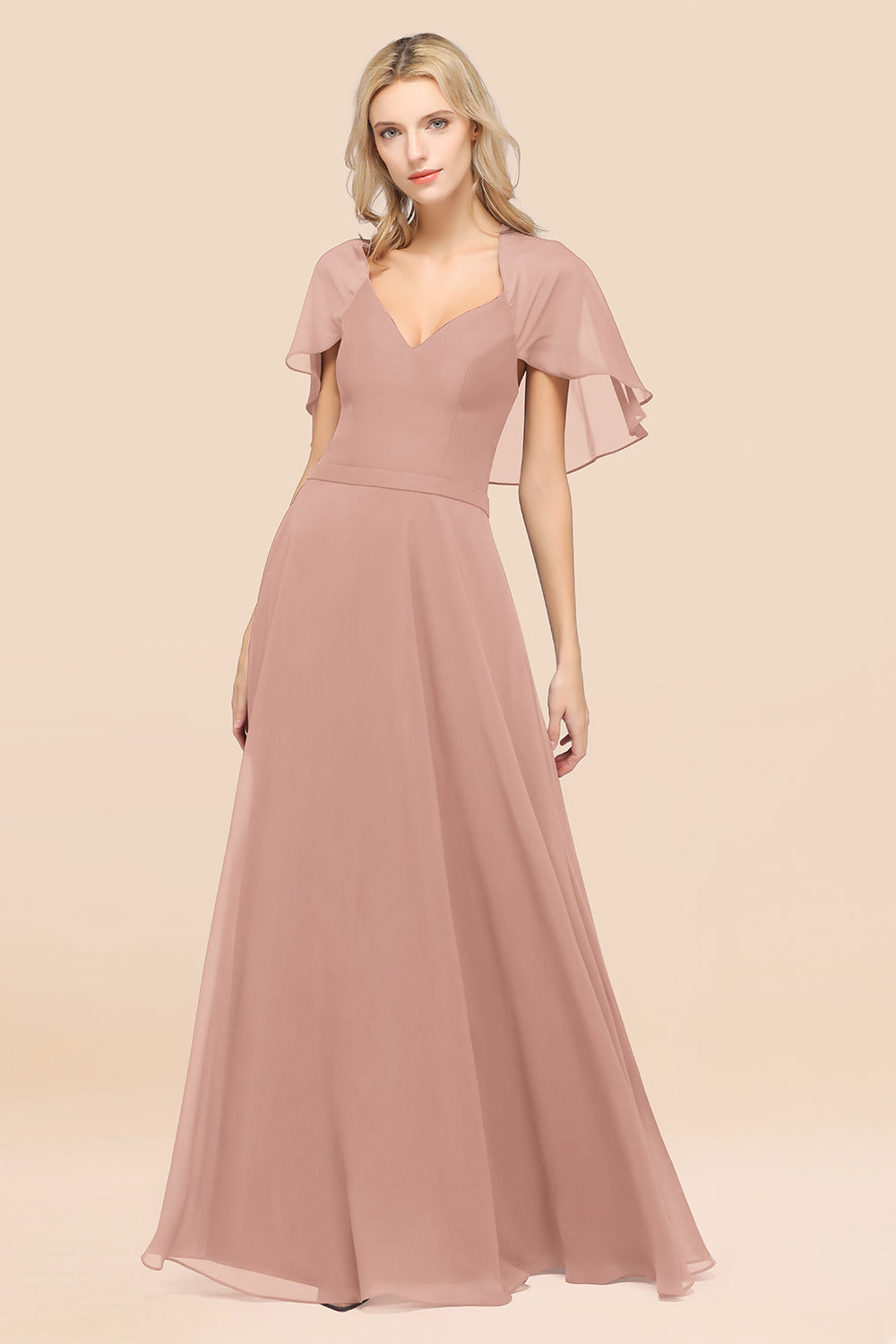 Chic Satin V-Neck Long Burgundy Chiffon Bridesmaid Dresses with Flutter Sleeve - Fashionpara