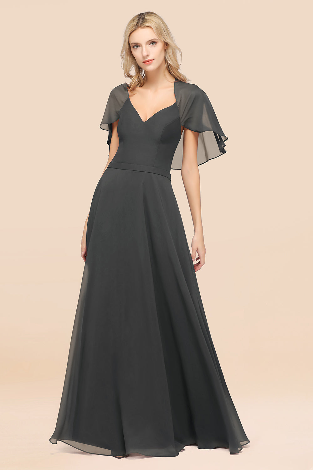 Chic Satin V-Neck Long Burgundy Chiffon Bridesmaid Dresses with Flutter Sleeve