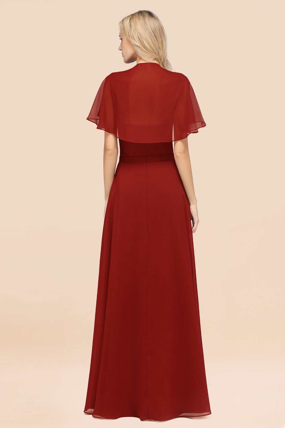 Chic Satin V-Neck Long Burgundy Chiffon Bridesmaid Dresses with Flutter Sleeve