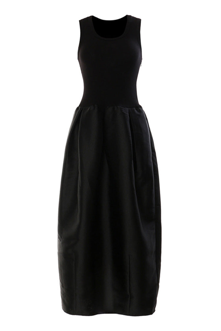 Chic Scoop Neck Sleeveless Satin Spliced Summer Split Maxi Sundress - Fashionpara