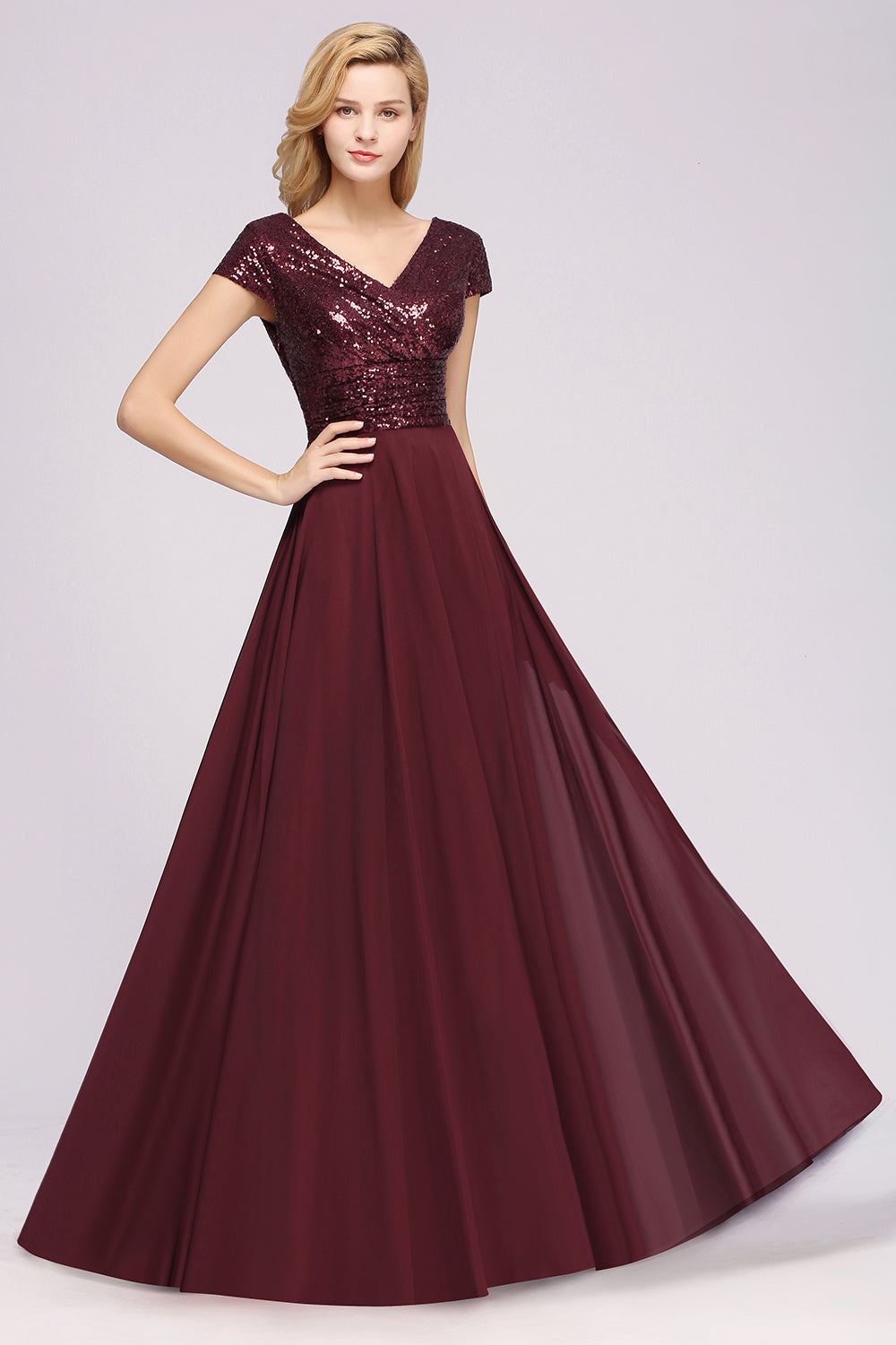 Chic Sequined Top V-Neck Sleeveless Burgundy Bridesmaid dresses - Fashionpara