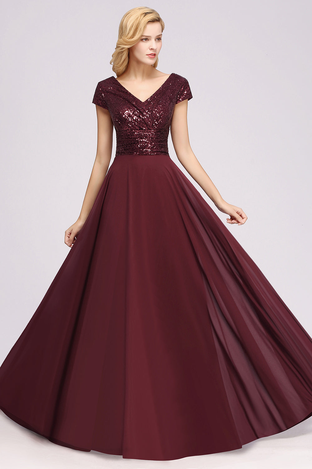 Chic Sequined Top V-Neck Sleeveless Burgundy Bridesmaid dresses - Fashionpara
