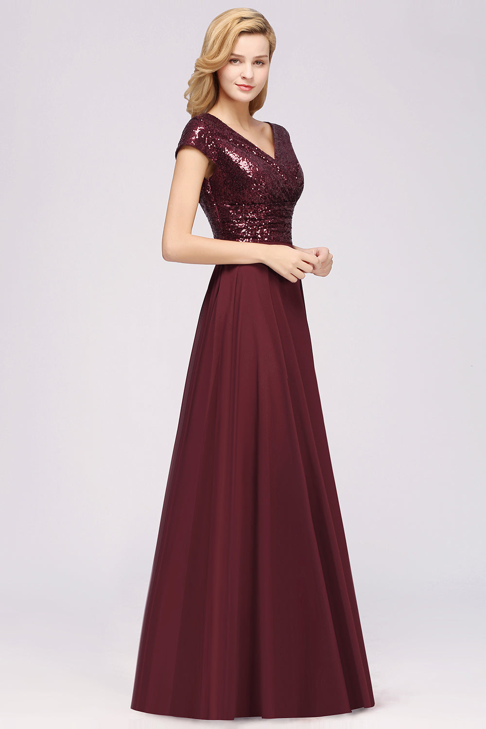 Chic Sequined Top V-Neck Sleeveless Burgundy Bridesmaid dresses - Fashionpara
