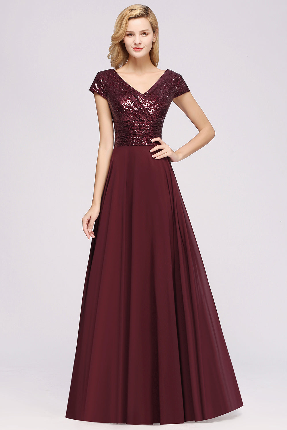 Chic Sequined Top V-Neck Sleeveless Burgundy Bridesmaid dresses - Fashionpara