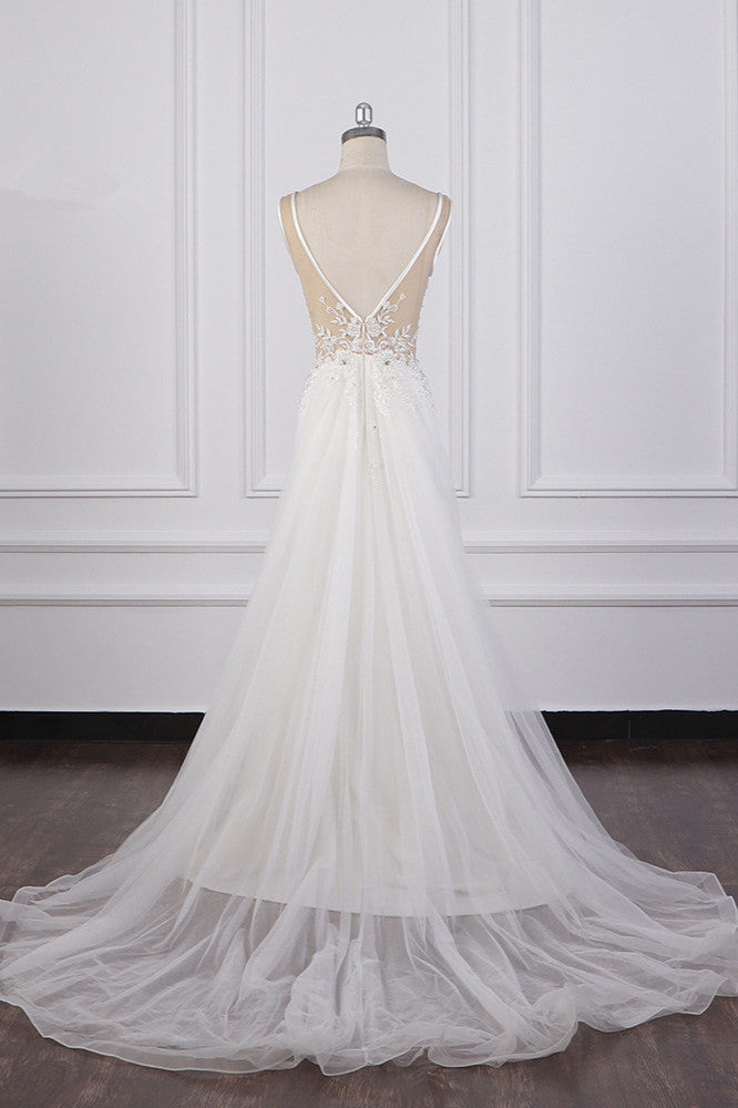 Chic Sheath White Satin V-neck Wedding Dress Tulle Lace Appliques Bridal Gowns - Fashionpara