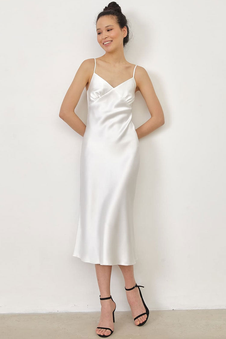 Chic Spaghetti Strap V Neck Satin Slip Midi Dress - Beige - Fashionpara