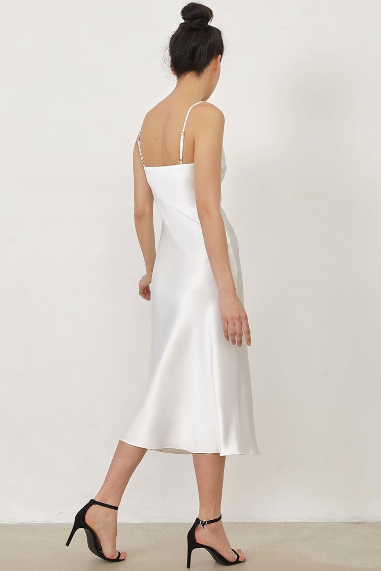Chic Spaghetti Strap V Neck Satin Slip Midi Dress - Beige - Fashionpara