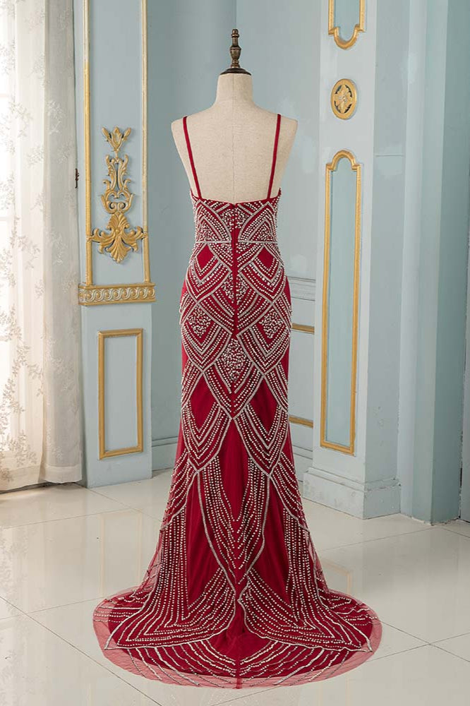 Chic Spaghetti Straps Burgundy Mermaid Prom Dresses with Rhinestones - Fashionpara