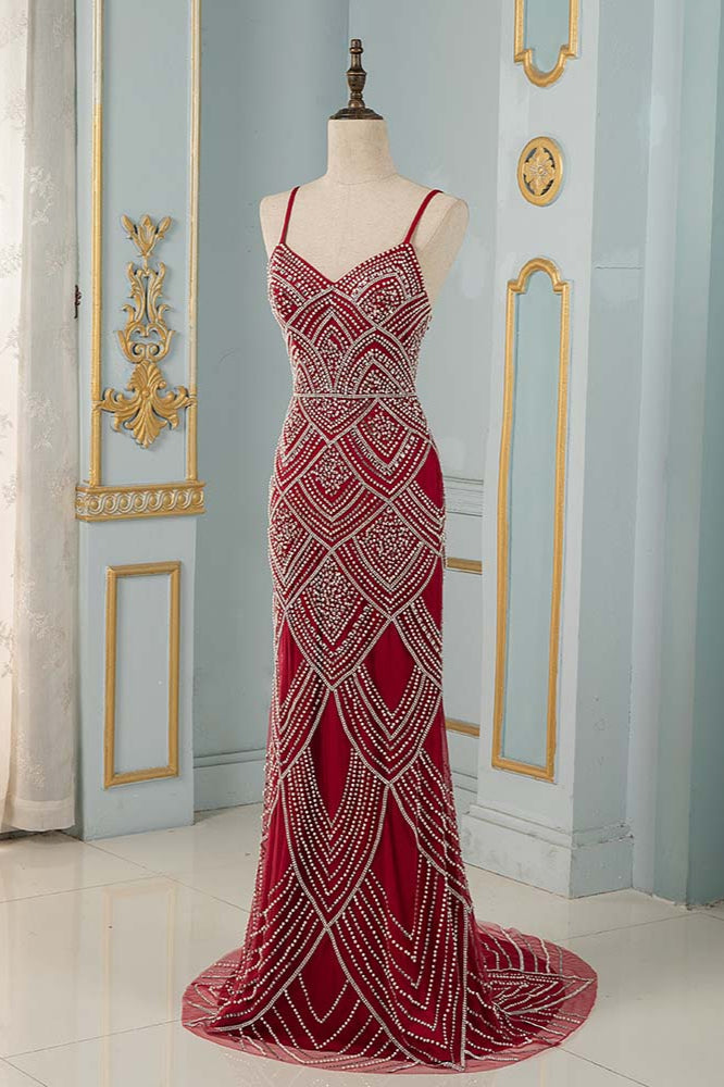 Chic Spaghetti Straps Burgundy Mermaid Prom Dresses with Rhinestones - Fashionpara
