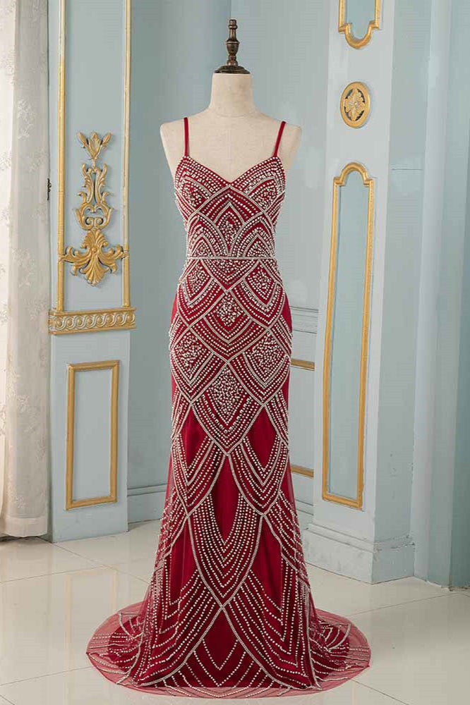 Chic Spaghetti Straps Burgundy Mermaid Prom Dresses with Rhinestones - Fashionpara
