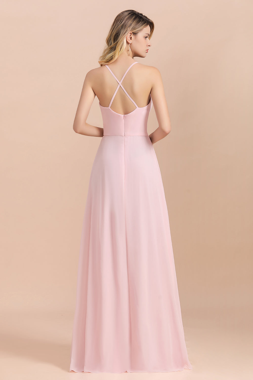 Chic Spaghetti Straps Chiffon Pink Bridesmaid dresses with Crisscross Back - Fashionpara