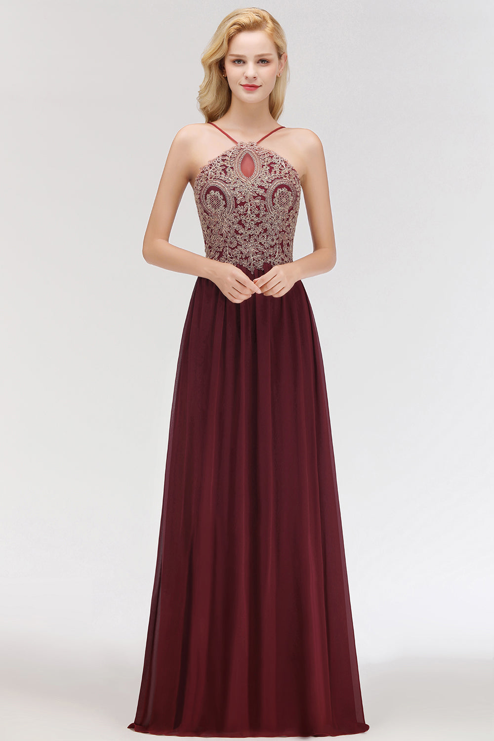 Chic Spaghetti Straps Long Burgundy Backless Bridesmaid Dresses with Appliques - Fashionpara