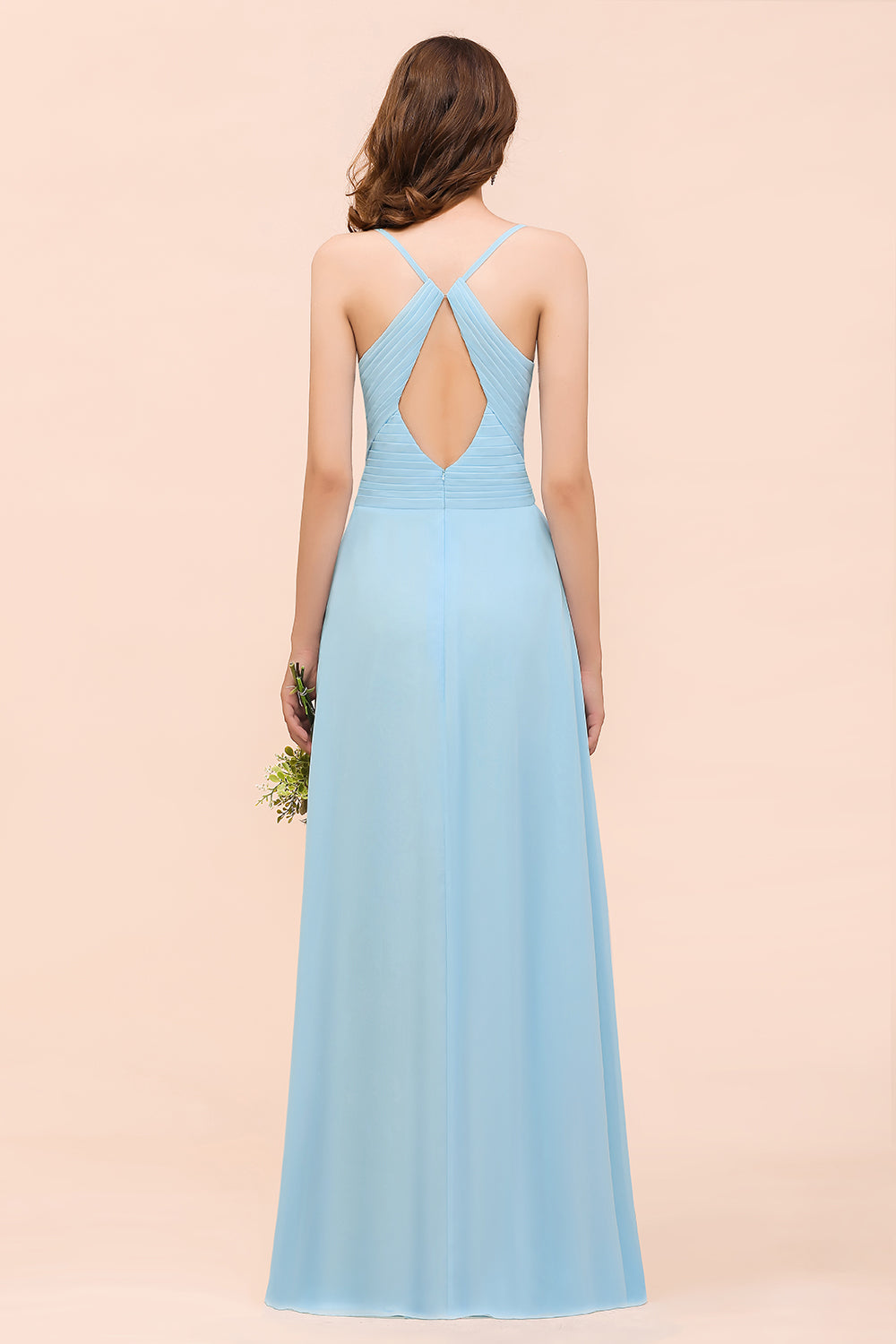 Chic Spaghetti Straps Ruffle Sky Blue Chiffon Bridesmaid Dresses - Fashionpara