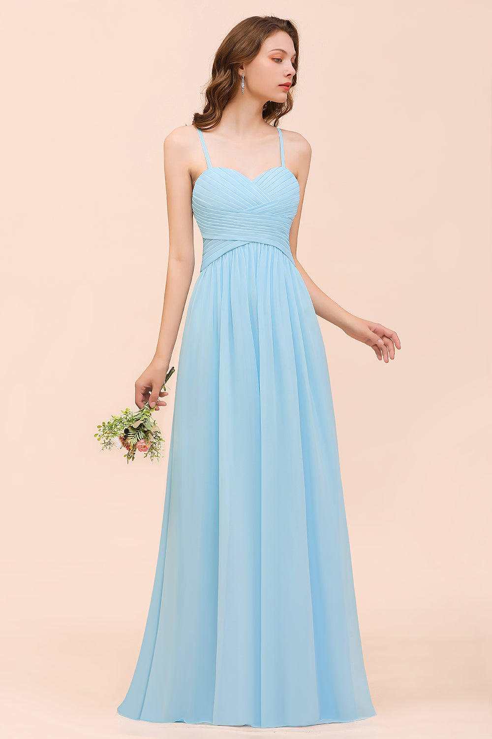 Chic Spaghetti Straps Ruffle Sky Blue Chiffon Bridesmaid Dresses - Fashionpara