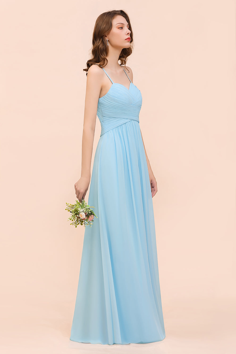 Chic Spaghetti Straps Ruffle Sky Blue Chiffon Bridesmaid Dresses - Fashionpara