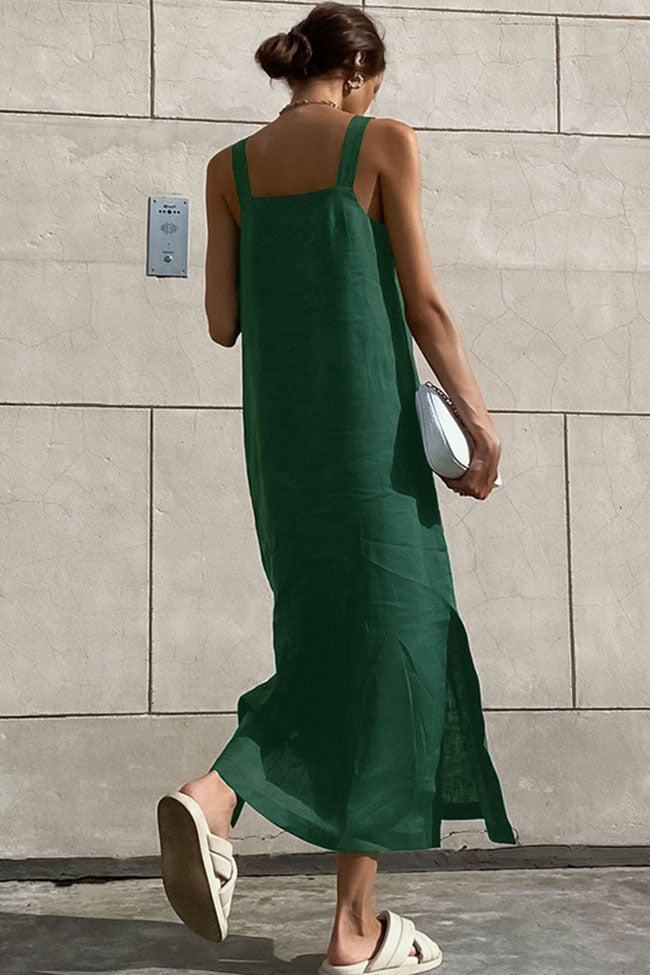Chic Square Neck A Line Linen Blend Split Summer Midi Sundress - Green  Fashionpara