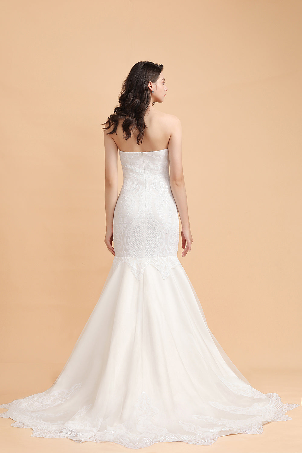 Chic Strapless Sweetheart Ivory Mermaid Prom Dresses Sleeveless Appliques Sequined Evening Dresses On Sale - Fashionpara