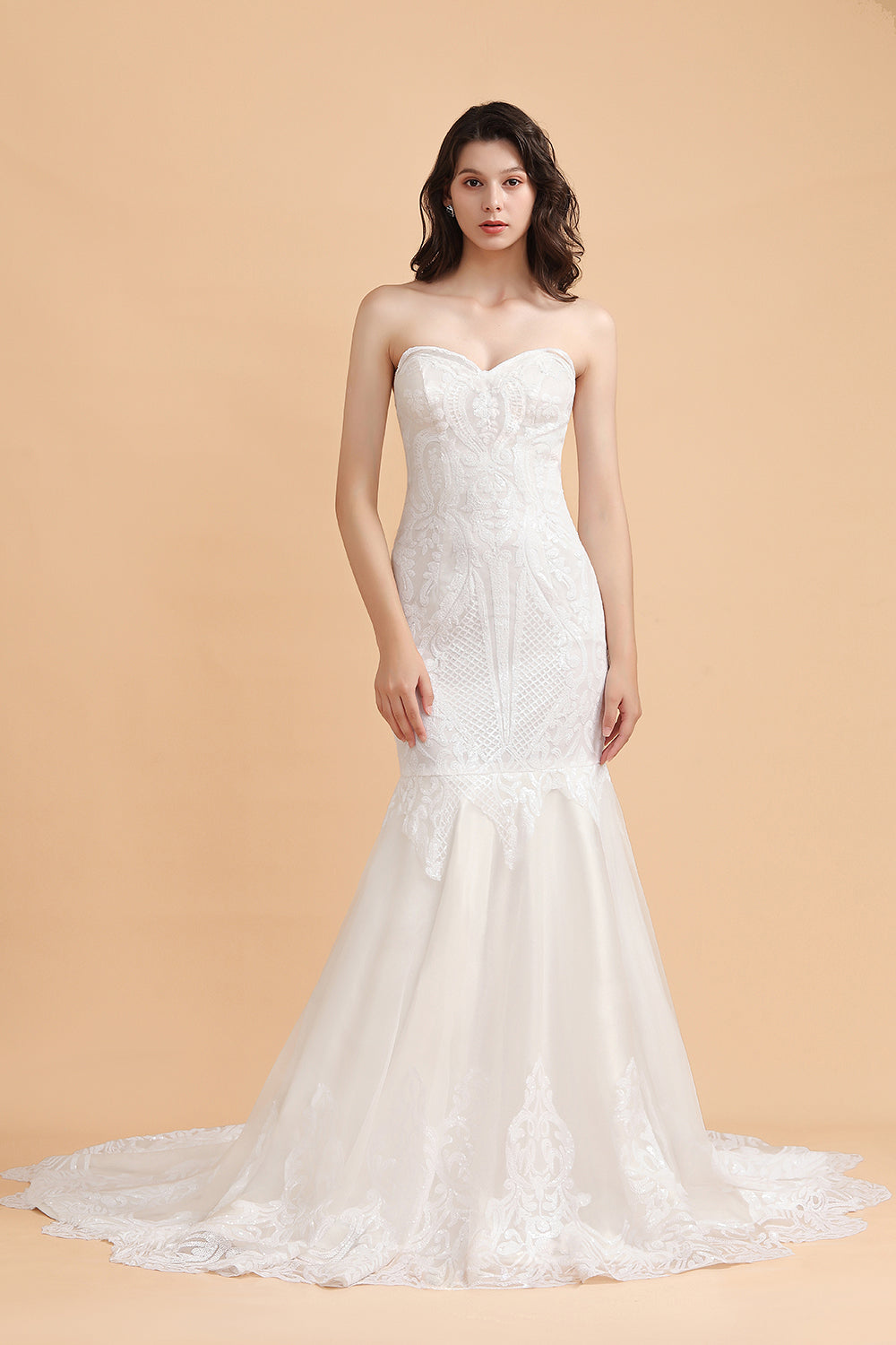 Chic Strapless Sweetheart Ivory Mermaid Prom Dresses Sleeveless Appliques Sequined Evening Dresses On Sale - Fashionpara