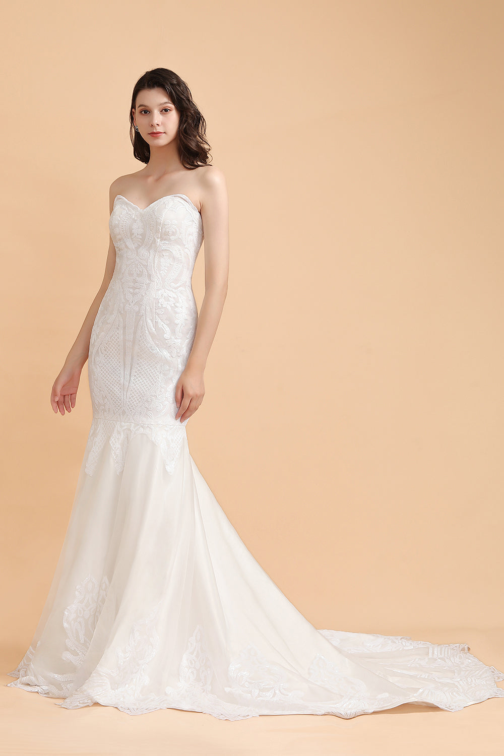 Chic Strapless Sweetheart Ivory Mermaid Prom Dresses Sleeveless Appliques Sequined Evening Dresses On Sale - Fashionpara