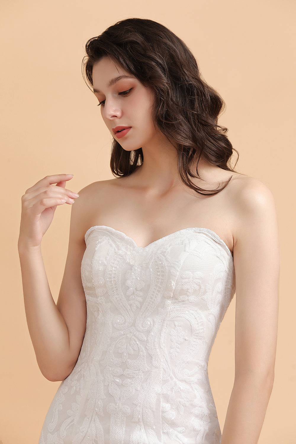 Chic Strapless Sweetheart Ivory Mermaid Prom Dresses Sleeveless Appliques Sequined Evening Dresses On Sale - Fashionpara