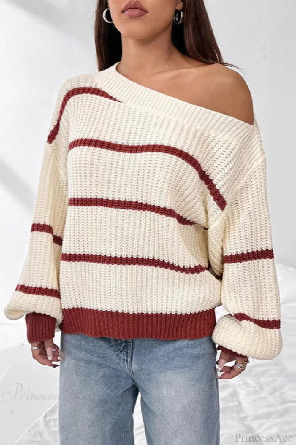 PrincessAce Chic Off Shoulder Striped Knit Sweater