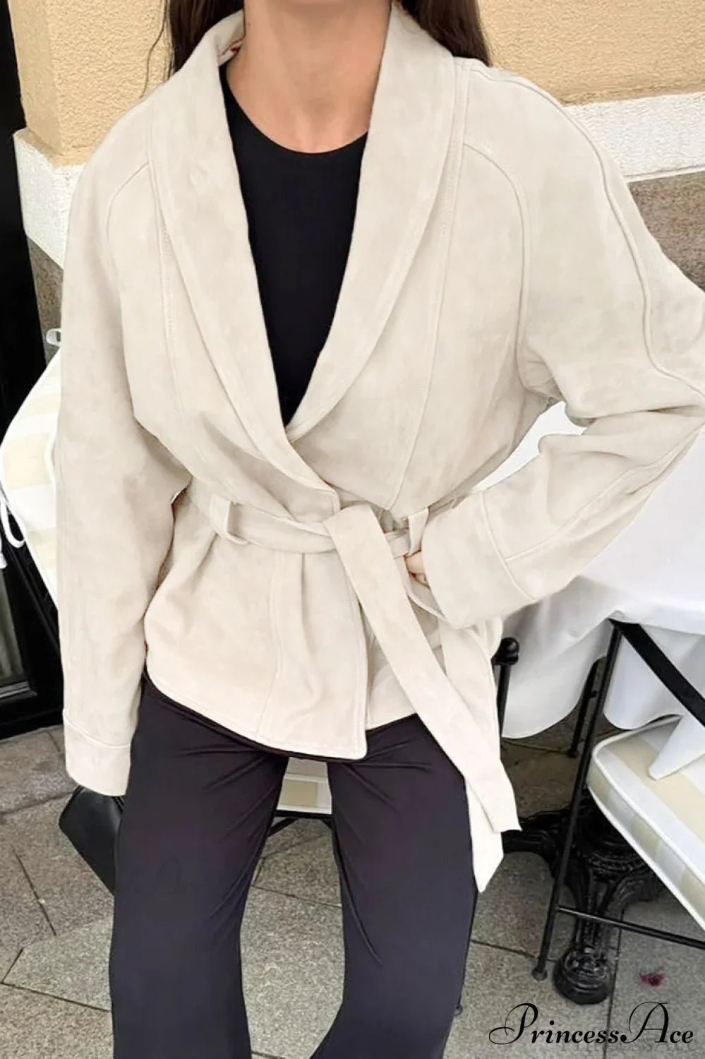 Chic Suede Long Sleeve Jacket Coat Beige / S