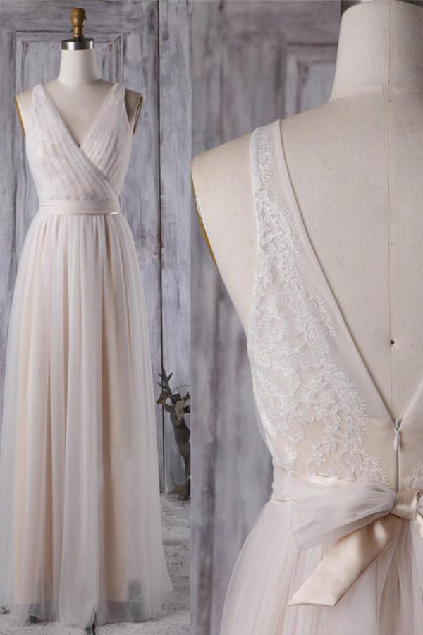 Chic Tulle Lace Wedding Dress Ruffle V-neck Sleeveless Bridal Gowns On Sale - Fashionpara