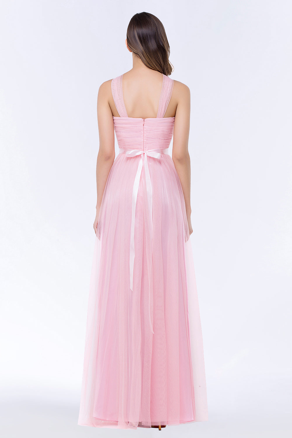 Chic Tulle Ruffle Halter Sleeveless Pearls Bridesmaid Dresses with Sash - Fashionpara