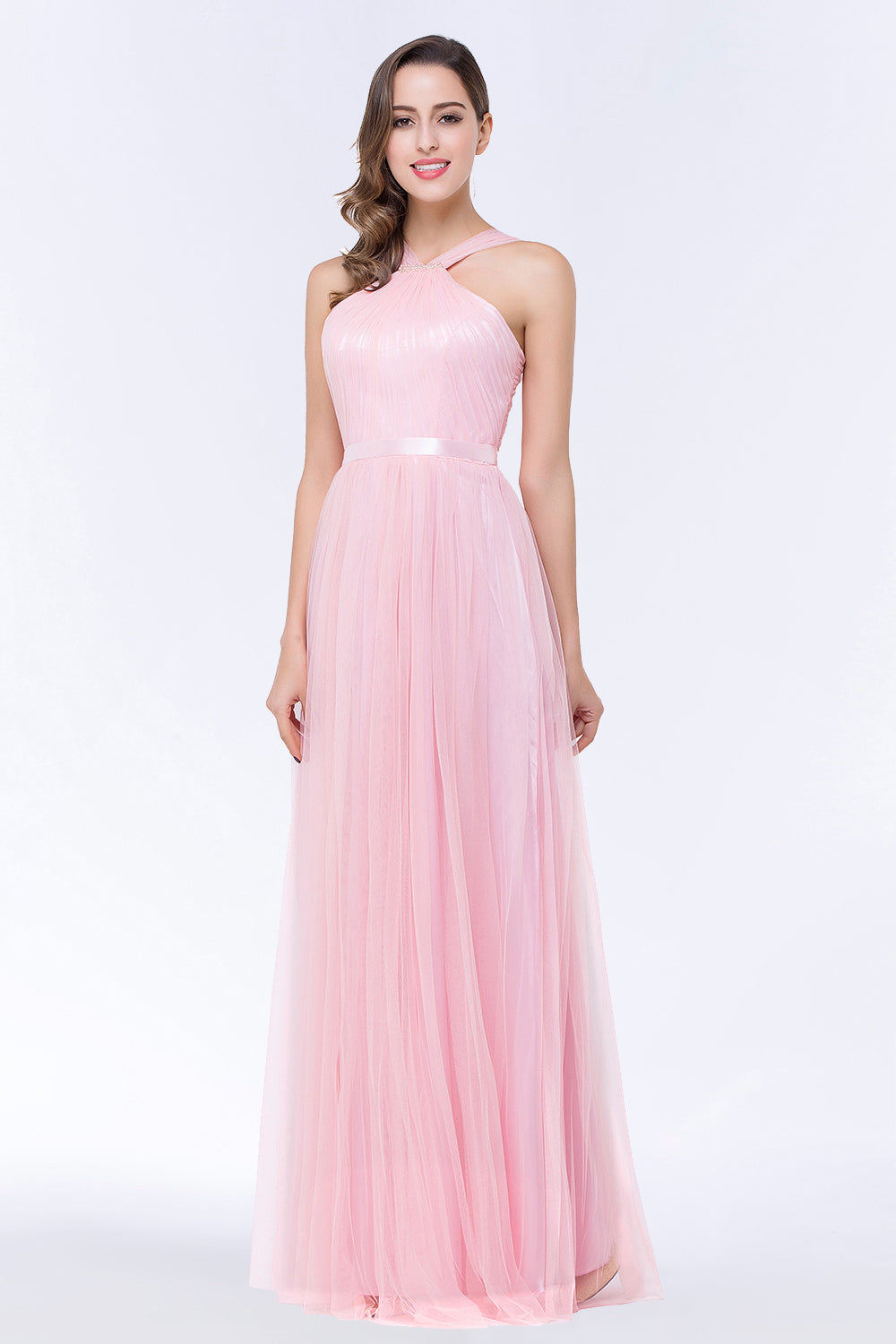 Chic Tulle Ruffle Halter Sleeveless Pearls Bridesmaid Dresses with Sash - Fashionpara