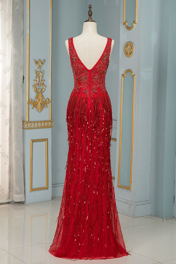 Chic Tulle Straps V-Neck Burgundy Prom Dresses with Rhinestone Appliques - Fashionpara