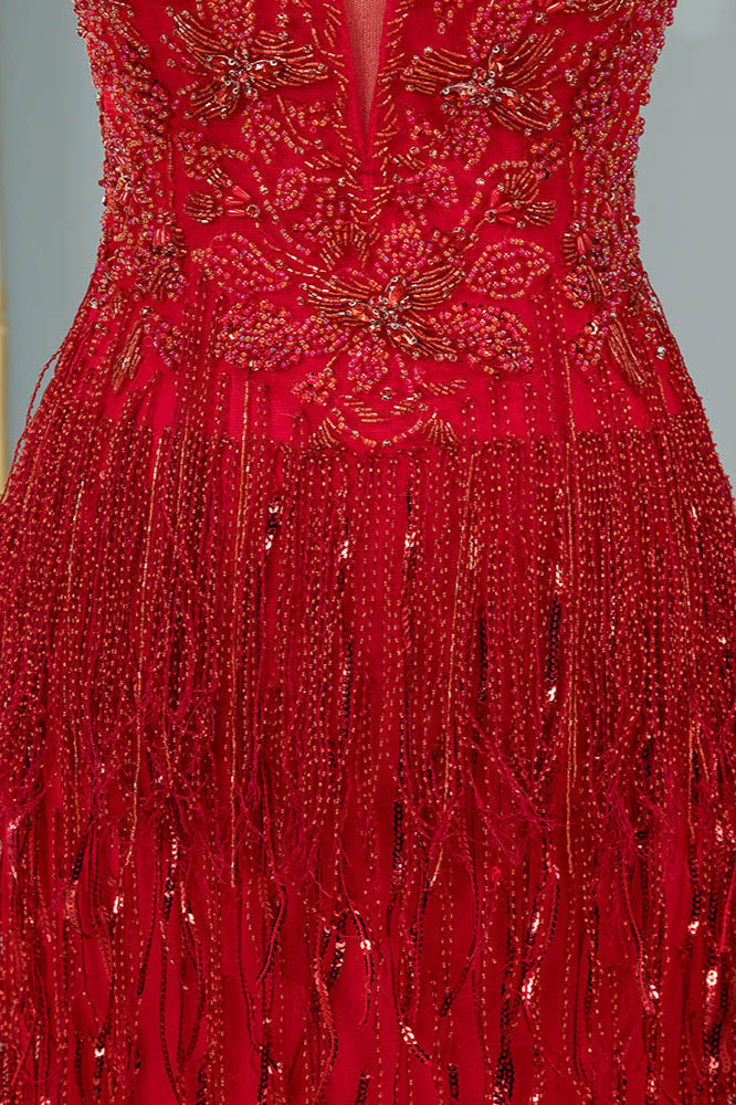 Chic Tulle Straps V-Neck Burgundy Prom Dresses with Rhinestone Appliques - Fashionpara
